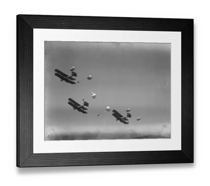 Framed Print : RAF Pageant at Hendon. Six parachutists leaving three RAF Vickers Vimy bombers Framed Print : RAF Pageant at Hendon. Six parachutists leaving three RAF Vickers Vimy bombers