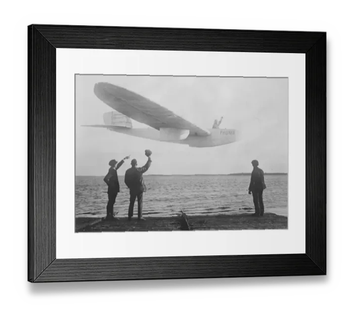 Framed Print : Successful Flight of Motorless Seaplane The German Phoenix seaplane glider on its Framed Print : Successful Flight of Motorless Seaplane The German Phoenix seaplane glider on its