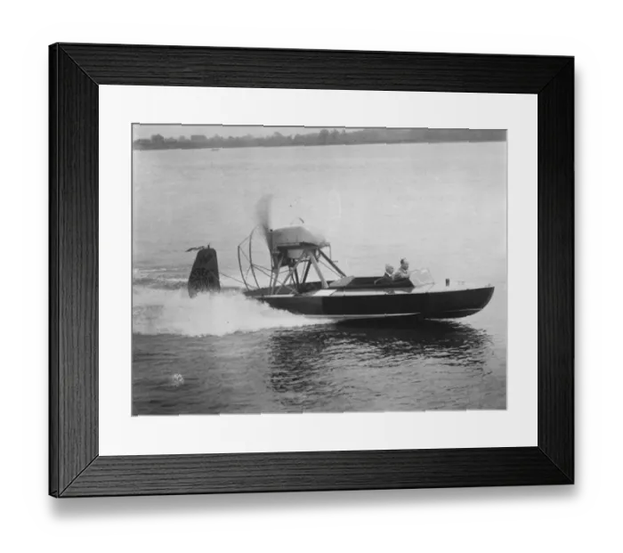 Framed Print : New type of air propelled boat. The whistler, a new type of air propelled boat Framed Print : New type of air propelled boat. The whistler, a new type of air propelled boat