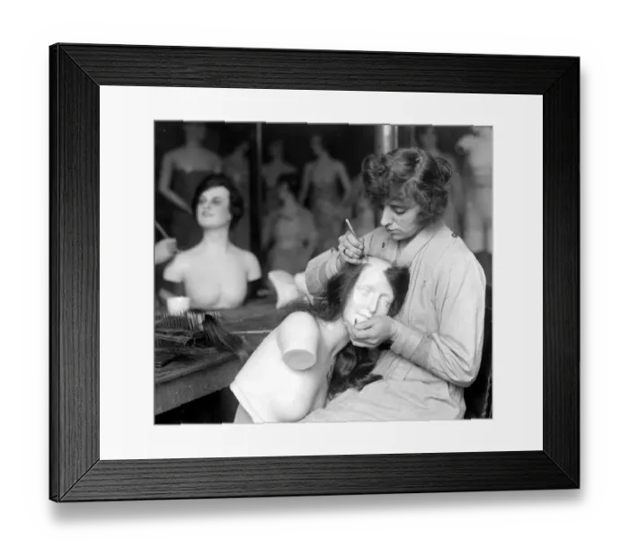 Framed Print : The making of wax models at Sages, Grays Inn Road. Attaching silken tresses to the scalp Framed Print : The making of wax models at Sages, Grays Inn Road. Attaching silken tresses to the scalp