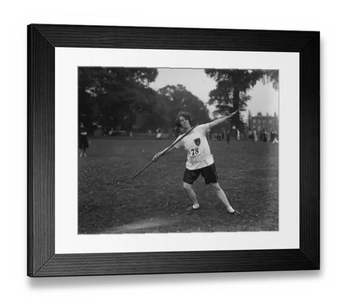 Framed Print : London Olympiade Autumn meeting at Micham. Miss Fawcett throwing the javelin. 15 Framed Print : London Olympiade Autumn meeting at Micham. Miss Fawcett throwing the javelin. 15