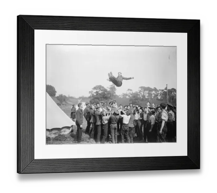 Framed Print : Three weeks of war on the South Downs A little blanket tossing by members of Framed Print : Three weeks of war on the South Downs A little blanket tossing by members of