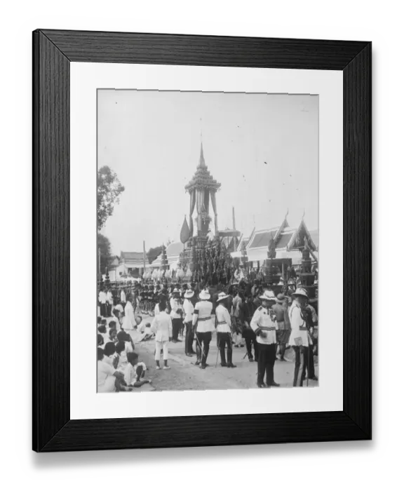 Framed Print : Cremation of late King of Siam. The golden urn in position on the great funeral car of state Framed Print : Cremation of late King of Siam. The golden urn in position on the great funeral car of state
