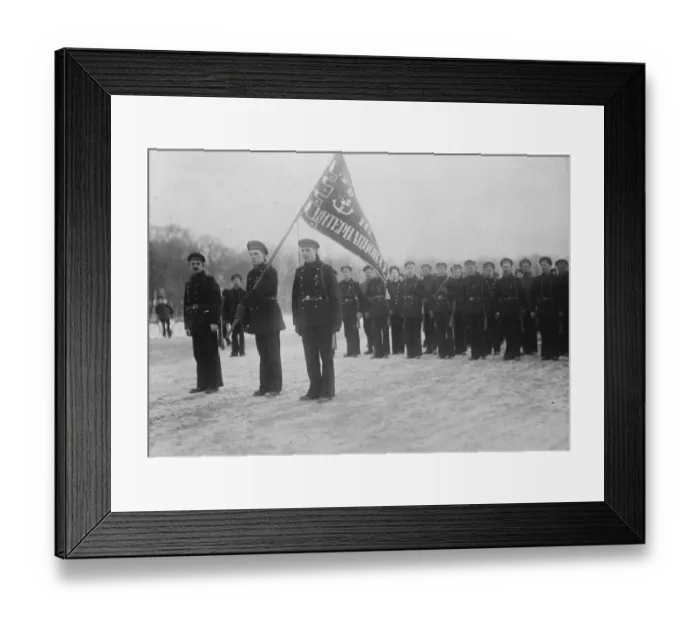 Framed Print : Parade of Bolshhevik Naval men in one of the streets of Petrograd. The flag bears Framed Print : Parade of Bolshhevik Naval men in one of the streets of Petrograd. The flag bears