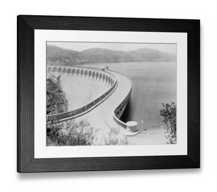 Framed Print : Water storage on the Grand Scale. The recently completed Mulholland Dam and reservoir