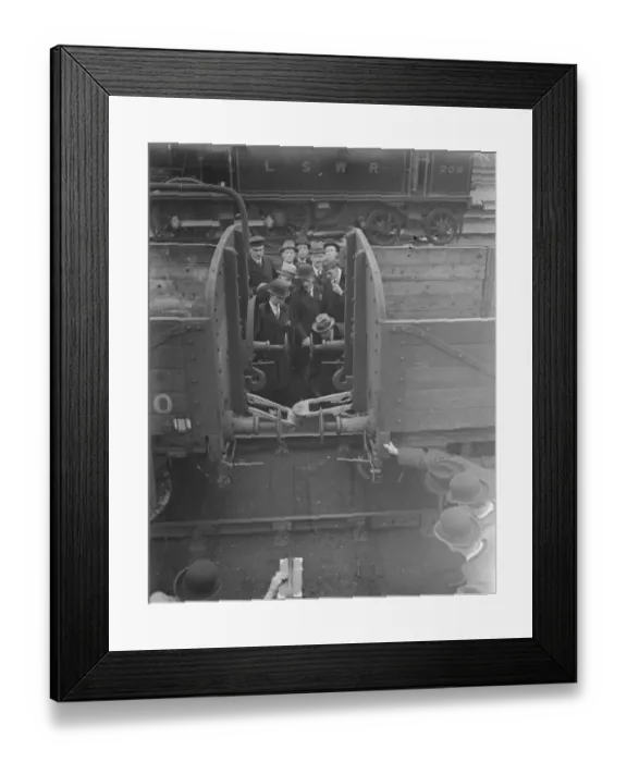 Framed Print : Coupling up railway carriages. New Safety Device Tested at Clapham Junct L ands W Rly Framed Print : Coupling up railway carriages. New Safety Device Tested at Clapham Junct L ands W Rly