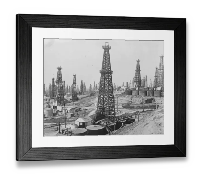 Framed Print : How oil obtrudes on one of the worlds most beautiful cities. Oil wells in Framed Print : How oil obtrudes on one of the worlds most beautiful cities. Oil wells in