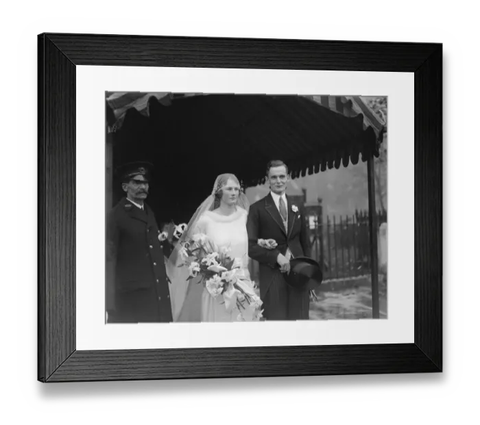 Framed Print : Earl of Straffords niece weds. Mr T T Barnard, MC, Ph D, and Miss G Byng leaving Framed Print : Earl of Straffords niece weds. Mr T T Barnard, MC, Ph D, and Miss G Byng leaving