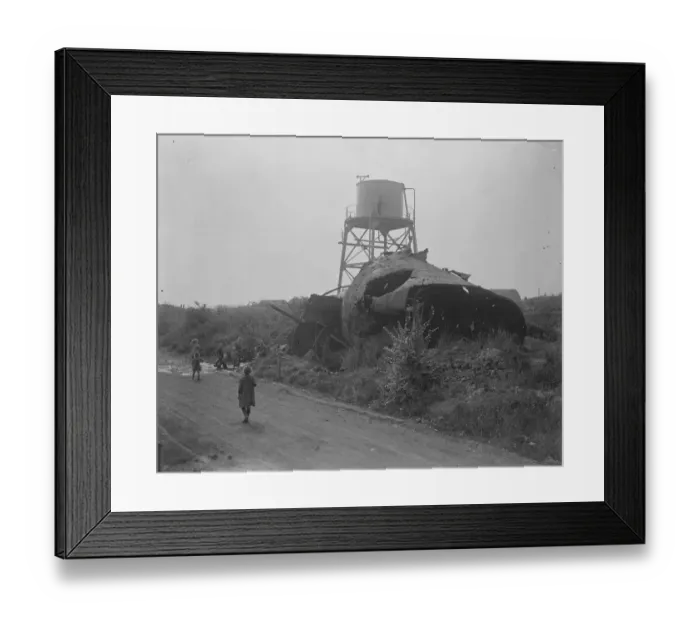 Framed Print : Coal from war wrecked coalfield of Lens. A new water tower and the old. In