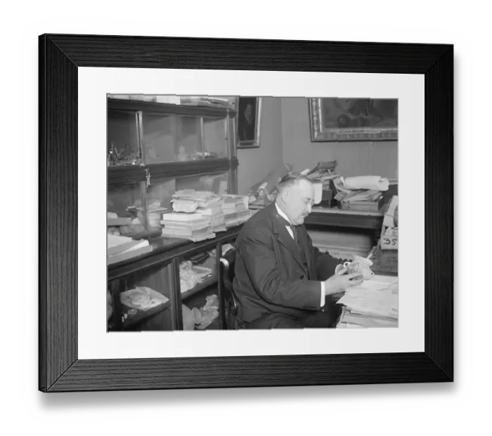 Framed Print : The Glozel Hoax view of Famous French scientist. M Rene Dussaud photographed in his bureau Framed Print : The Glozel Hoax view of Famous French scientist. M Rene Dussaud photographed in his bureau