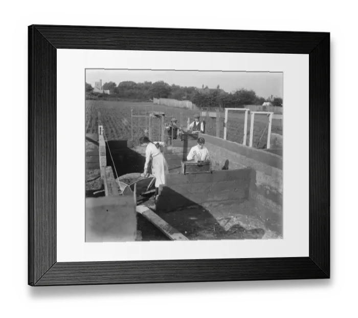 Framed Print : Concrete Houses at Harlow, Essex Compressing cement in the mould, in the background Framed Print : Concrete Houses at Harlow, Essex Compressing cement in the mould, in the background