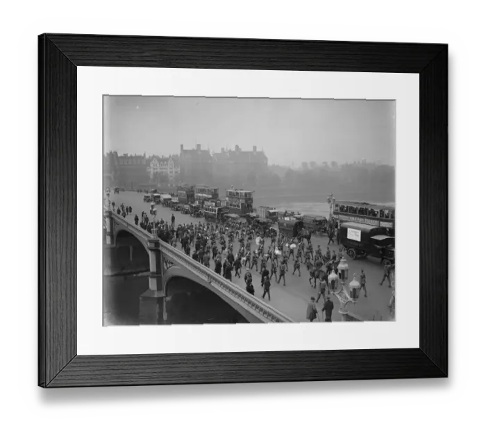 Framed Print : The change over of the guards. The band of the 2nd Scots Guards passing over Westminster Bridge Framed Print : The change over of the guards. The band of the 2nd Scots Guards passing over Westminster Bridge