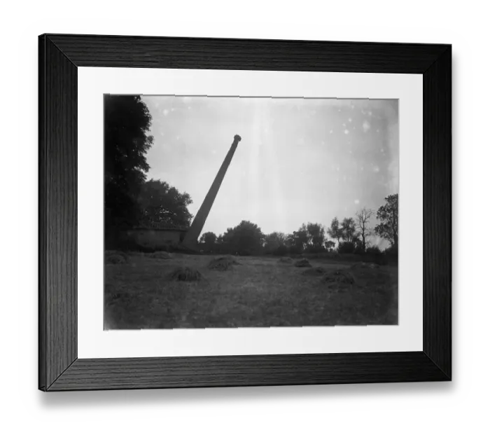 Framed Print : Chimney felling by gelignite at Bedfont Powder Mills, Hounslow. The chimney falling Framed Print : Chimney felling by gelignite at Bedfont Powder Mills, Hounslow. The chimney falling