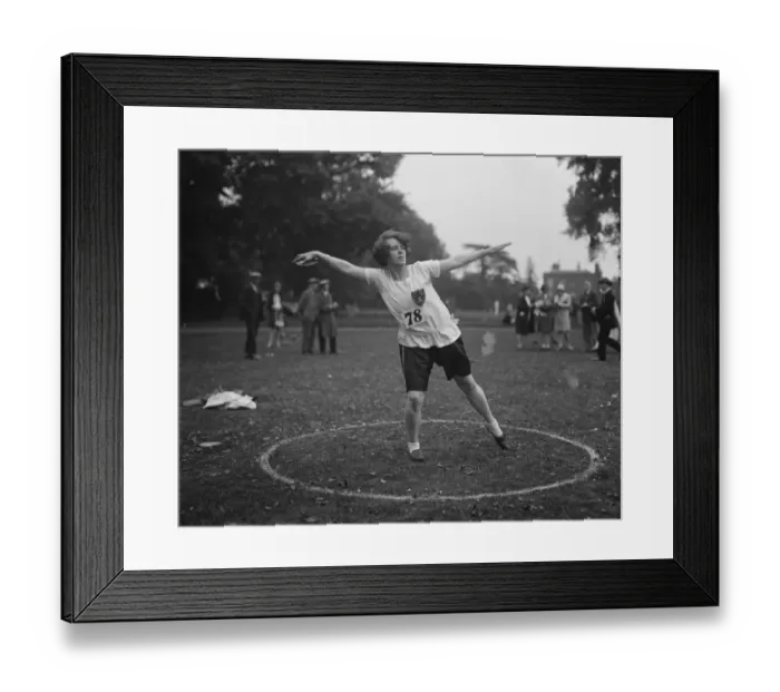 Framed Print : London Olympiade Autumn meeting at Mitcham. Miss Fawcett who won the discus throwing Framed Print : London Olympiade Autumn meeting at Mitcham. Miss Fawcett who won the discus throwing