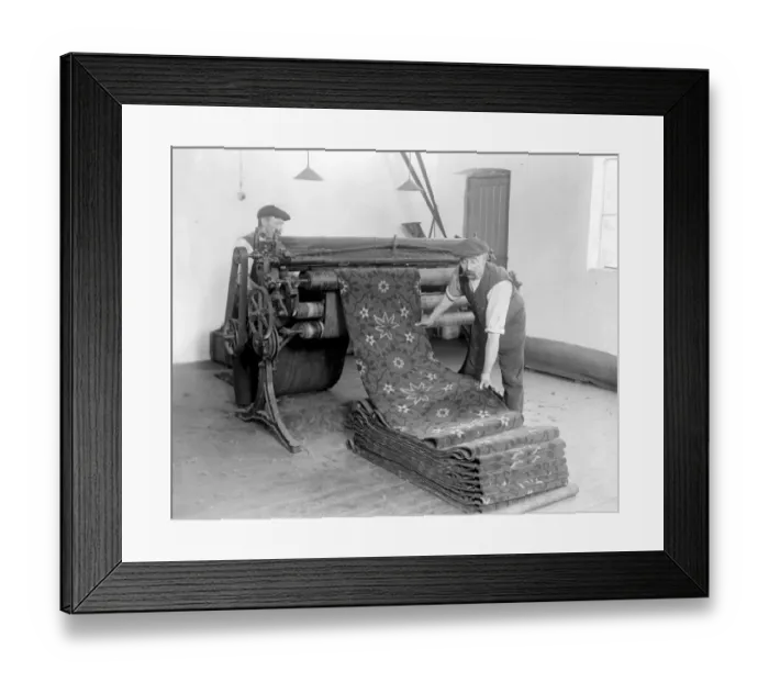 Framed Print : Carpet making at Wilton. Showing hand tufted Axminster Carpet - This machine levels Framed Print : Carpet making at Wilton. Showing hand tufted Axminster Carpet - This machine levels