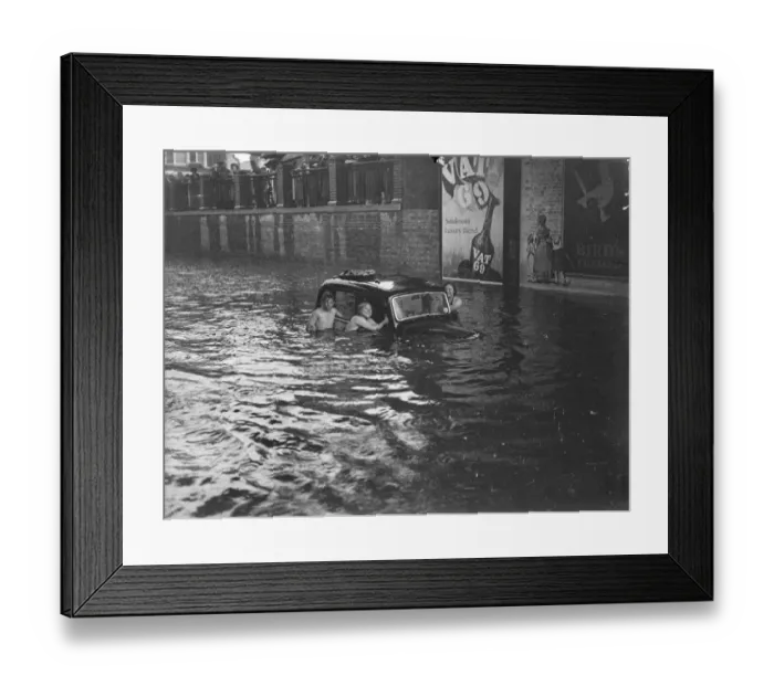Framed Print : Swimmers around submerged vehicles in the greatest recorded floods in Kingston Framed Print : Swimmers around submerged vehicles in the greatest recorded floods in Kingston