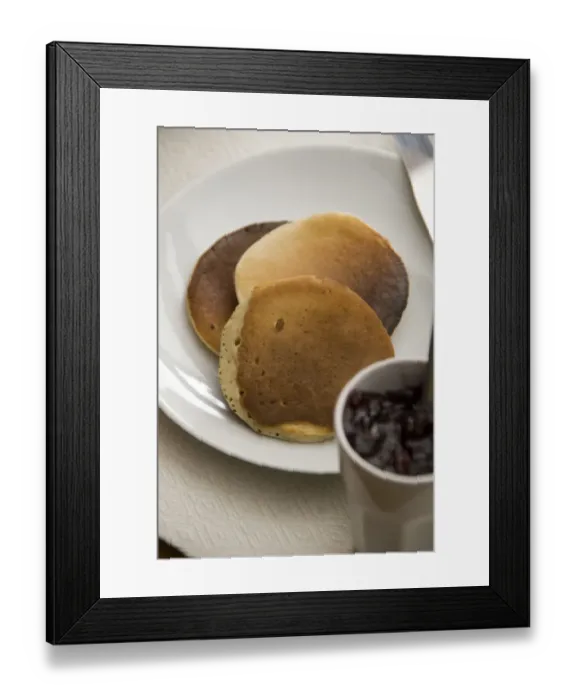 Framed Print : Three Scotch pancakes on a white plate with small pot of raspberry jam credit Framed Print : Three Scotch pancakes on a white plate with small pot of raspberry jam credit