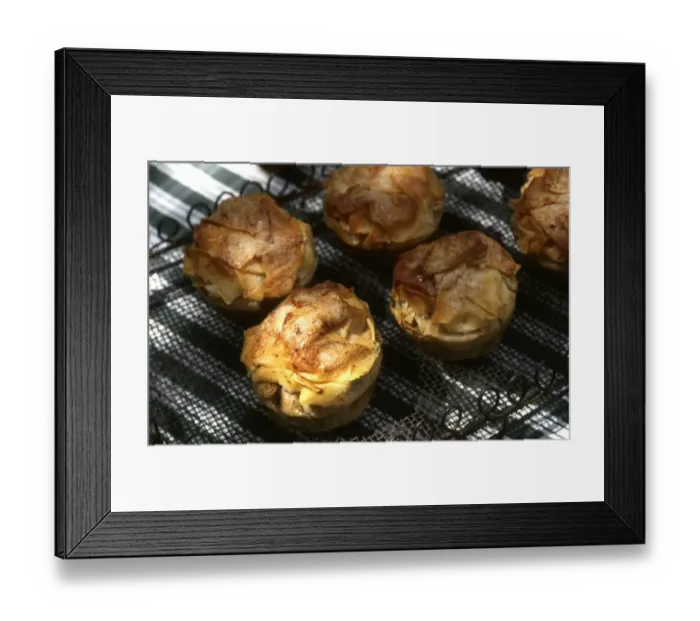 Framed Print : Small apple and filo tarts on cooling tray credit: Marie-Louise Avery  /  thePictureKitchen