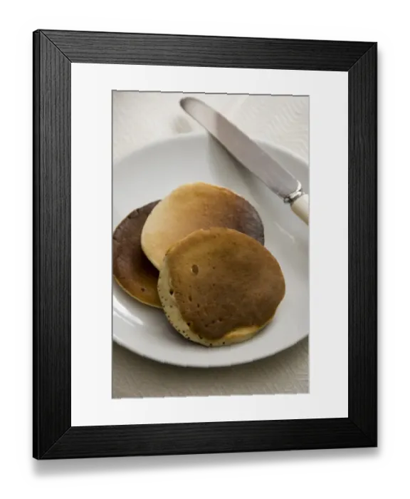 Framed Print : Three Scotch pancakes on a white plate. credit: Marie-Louise Avery  /  thePictureKitchen