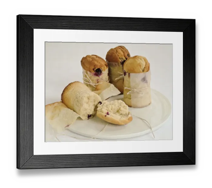 Framed Print : Blueberry muffins made in talll paper cases of greaseproof paper tied with string credit Framed Print : Blueberry muffins made in talll paper cases of greaseproof paper tied with string credit