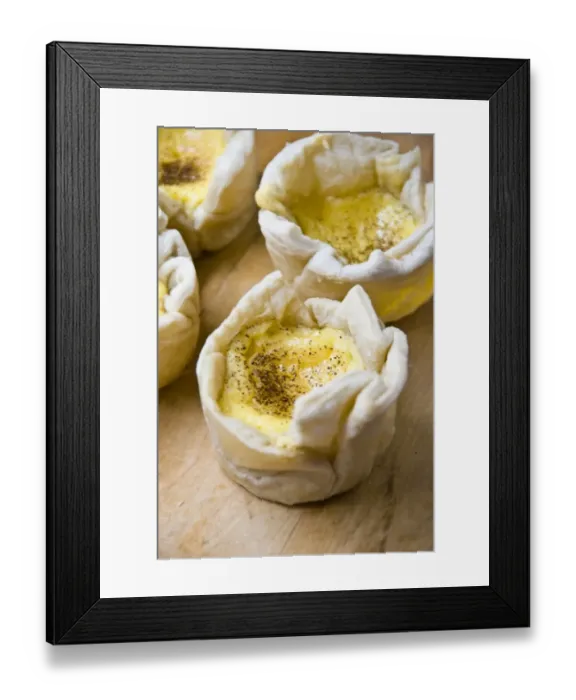 Framed Print : Home made portuguese style custard tarts with confectioners custard and puff pastry credit Framed Print : Home made portuguese style custard tarts with confectioners custard and puff pastry credit