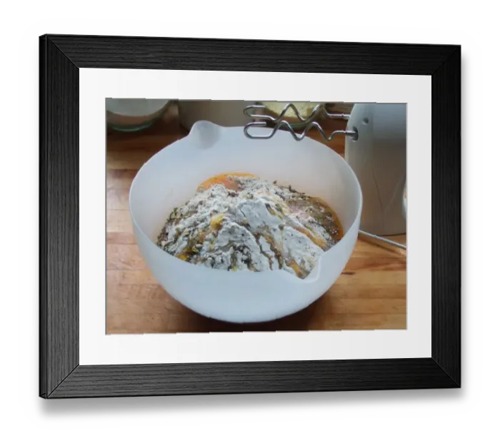 Framed Print : Making bread. Bowl with ingredients ready to mix. Wholemeal multigrain flour, pumpkin Framed Print : Making bread. Bowl with ingredients ready to mix. Wholemeal multigrain flour, pumpkin