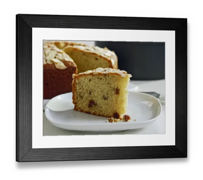 Framed Print : Slice of light fruitcake on white plate. credit: Marie-Louise Avery / thePictureKitchen Framed Print : Slice of light fruitcake on white plate. credit: Marie-Louise Avery / thePictureKitchen