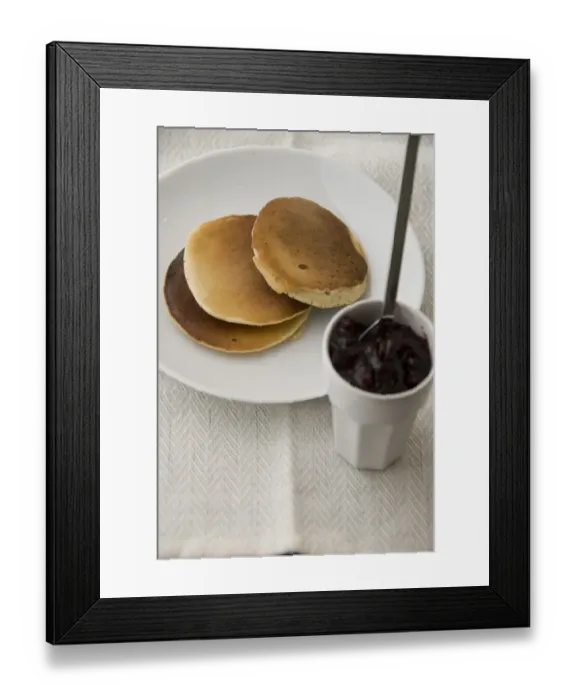 Framed Print : Three Scotch pancakes on a white plate with small pot of raspberry jam credit Framed Print : Three Scotch pancakes on a white plate with small pot of raspberry jam credit