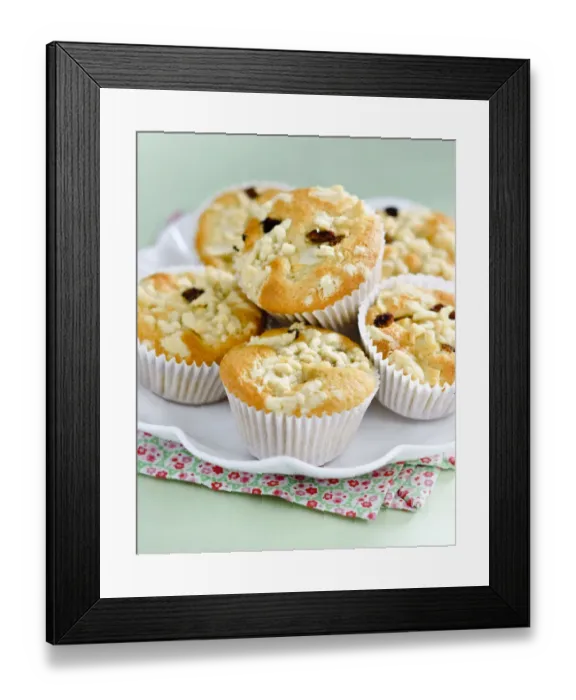 Framed Print : Apple struesel muffin in pile on white plate credit: Marie-Louise Avery / thePictureKitchen Framed Print : Apple struesel muffin in pile on white plate credit: Marie-Louise Avery / thePictureKitchen