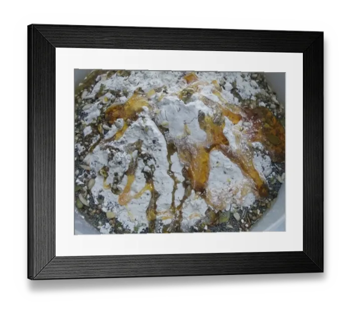 Framed Print : Making bread. Bowl with ingredients ready to mix. Wholemeal multigrain flour, pumpkin Framed Print : Making bread. Bowl with ingredients ready to mix. Wholemeal multigrain flour, pumpkin