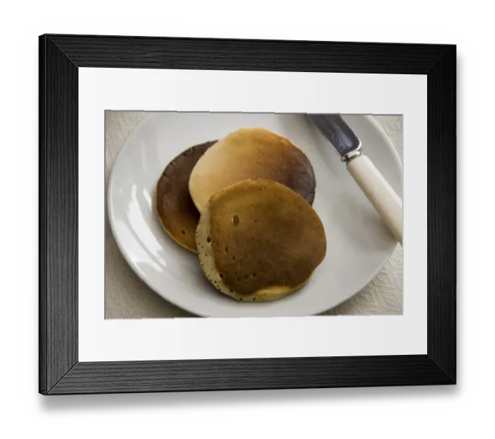 Framed Print : Three Scotch pancakes on a white plate. credit: Marie-Louise Avery / thePictureKitchen Framed Print : Three Scotch pancakes on a white plate. credit: Marie-Louise Avery / thePictureKitchen
