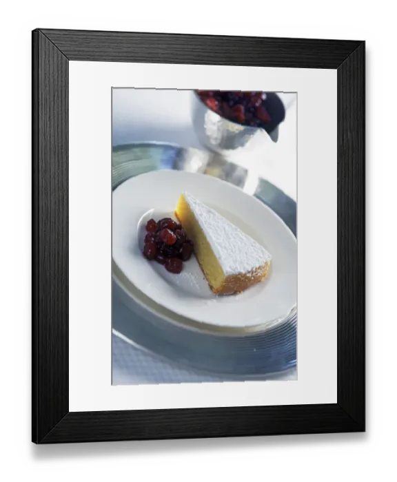 Framed Print : Moist dense sponge cake made with semolina served with cherry conserve credit Framed Print : Moist dense sponge cake made with semolina served with cherry conserve credit