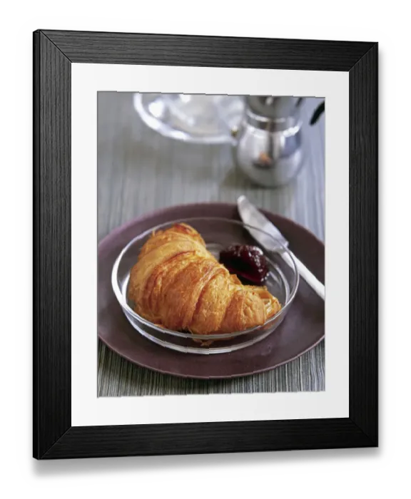 Framed Print : Croissant on glasss plate with cherry jam credit: Marie-Louise Avery / thePictureKitchen Framed Print : Croissant on glasss plate with cherry jam credit: Marie-Louise Avery / thePictureKitchen