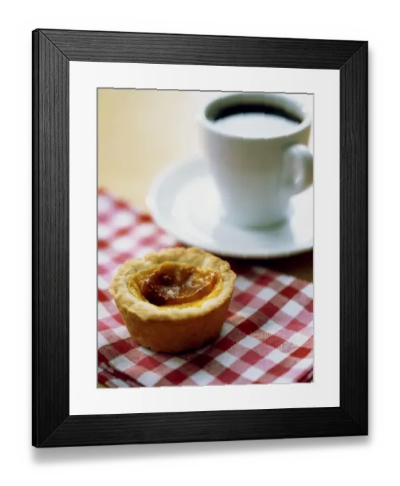 Framed Print : Traditional English custard tart on red gingham tablecloth with cup of black coffee credit Framed Print : Traditional English custard tart on red gingham tablecloth with cup of black coffee credit