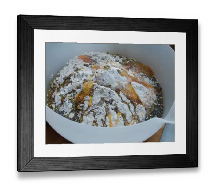 Framed Print : Making bread. Bowl with ingredients ready to mix. Wholemeal multigrain flour, pumpkin