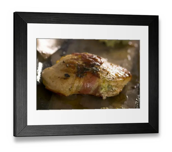 Framed Print : Chicken breast fillet wrapped with bacon and stuffed with spinach and ricotta cheese Framed Print : Chicken breast fillet wrapped with bacon and stuffed with spinach and ricotta cheese