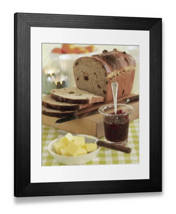 Framed Print : Home made fruited loaf with butter and jam as special breakfast credit: Marie-Louise Framed Print : Home made fruited loaf with butter and jam as special breakfast credit: Marie-Louise