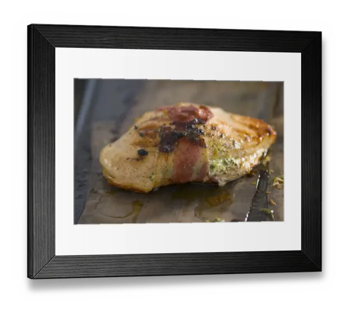 Framed Print : Chicken breast fillet wrapped with bacon and stuffed with spinach and ricotta cheese Framed Print : Chicken breast fillet wrapped with bacon and stuffed with spinach and ricotta cheese