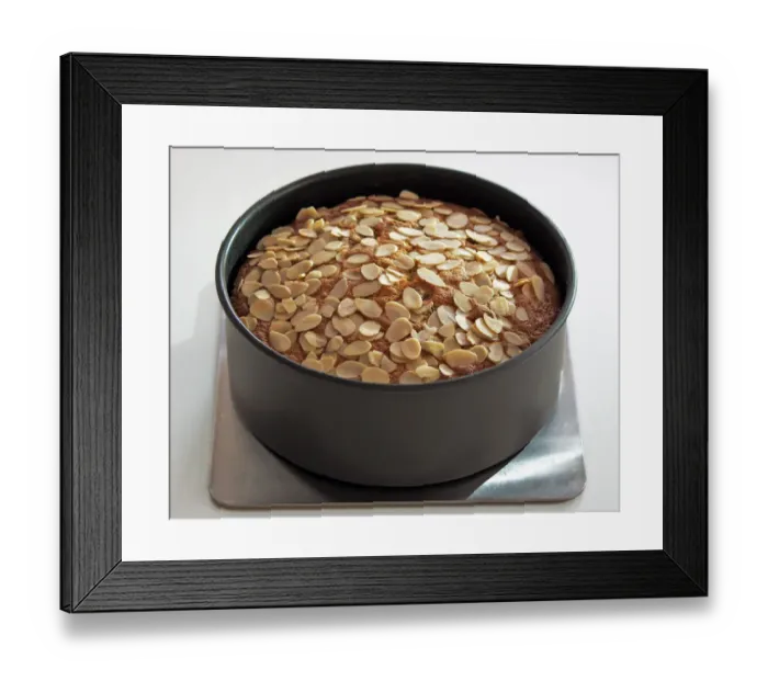 Framed Print : Light fruit cake topped with almonds in tin credit: Marie-Louise Avery / thePictureKitchen Framed Print : Light fruit cake topped with almonds in tin credit: Marie-Louise Avery / thePictureKitchen