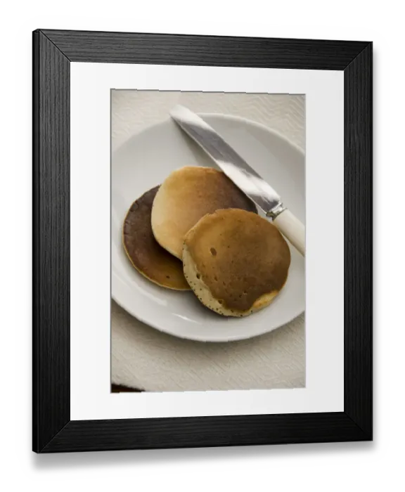 Framed Print : Three Scotch pancakes on a white plate. credit: Marie-Louise Avery  /  thePictureKitchen