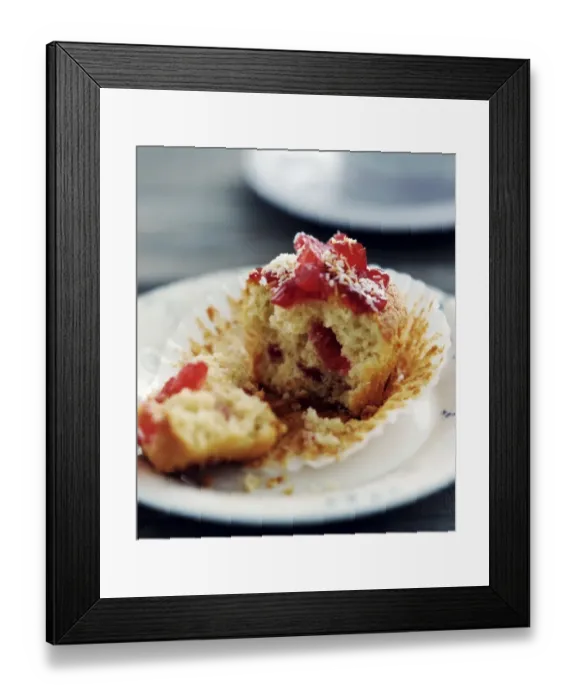 Framed Print : Cherry muffin broken open on white plate credit: Marie-Louise Avery / thePictureKitchen Framed Print : Cherry muffin broken open on white plate credit: Marie-Louise Avery / thePictureKitchen