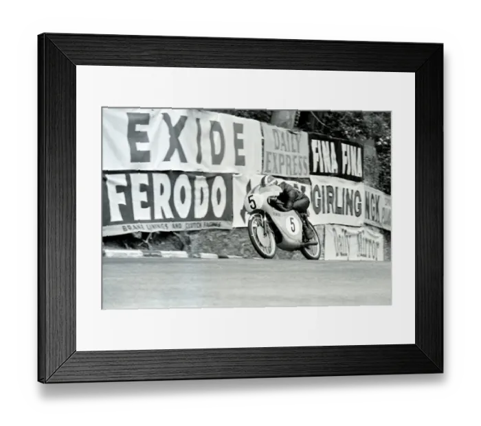 Framed Print : Douglas, Isle Of Man: Japans 1. Morishita pictured in action on his 50 c. c. Suzuki