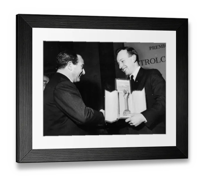 Framed Print : John Surtees receives trophy in Milan. Milan, Italy : Motor - cycling World Champion Framed Print : John Surtees receives trophy in Milan. Milan, Italy : Motor - cycling World Champion