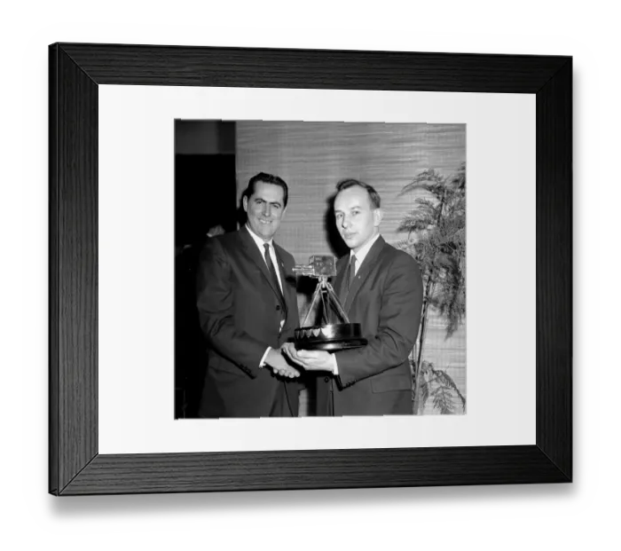 Framed Print : London : World Motor Racing Champion, Jack Brabham ( left ) congratulates the newly