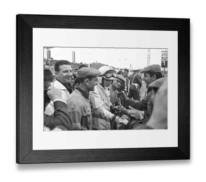 Framed Print : Friends and fans gather round to congratulate John Surtees after he won the German Framed Print : Friends and fans gather round to congratulate John Surtees after he won the German