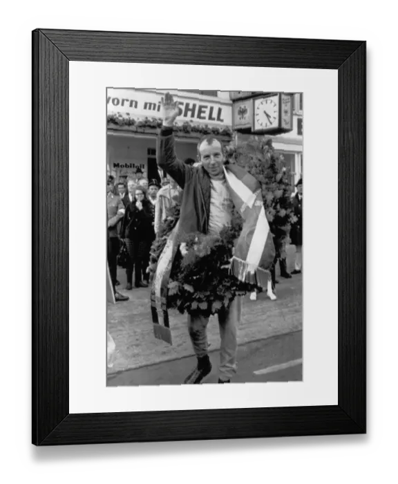 Framed Print : Surtees wins German Grand Prix. Nuerburgring : John Surtees, happy winner of