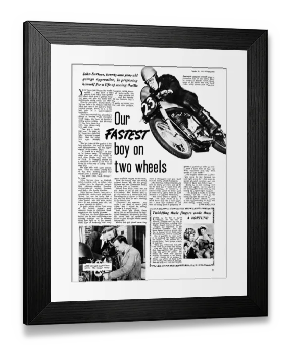Framed Print : Article in Illustrated Magazine about young motorcycle champion, John Surtees Framed Print : Article in Illustrated Magazine about young motorcycle champion, John Surtees