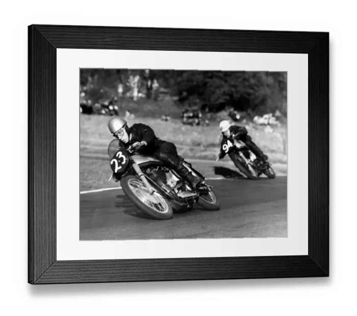 Framed Print : John Surtees compact crouch helps to streamline him at top speed. Here he corners Framed Print : John Surtees compact crouch helps to streamline him at top speed. Here he corners