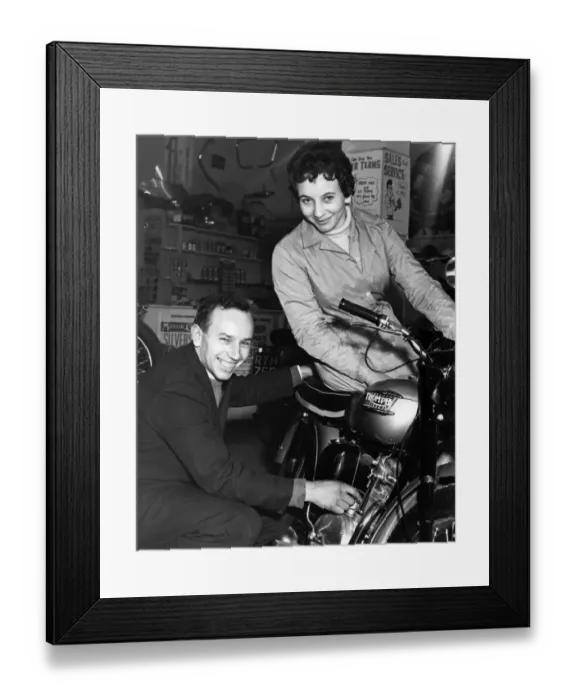 Framed Print : John and Dorothy Surtees in their family motorcycle shop 1950s Framed Print : John and Dorothy Surtees in their family motorcycle shop 1950s