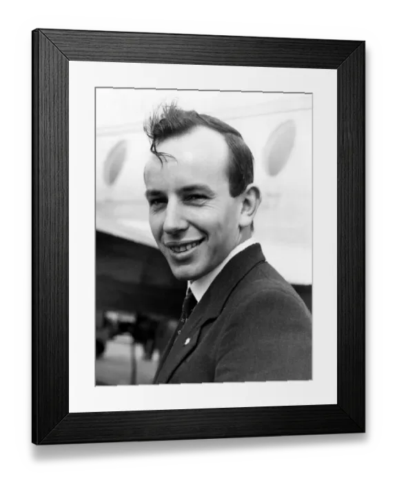 Framed Print : John Surtees, Briatins ace motor-cyclist, seen before he left London Airport for Milan Framed Print : John Surtees, Briatins ace motor-cyclist, seen before he left London Airport for Milan